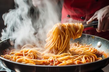 Close-up of steaming spaghetti being tossed in a rich tomato sauce by a chef with tongs, highlighting the savory flavors of authentic Italian cuisine.