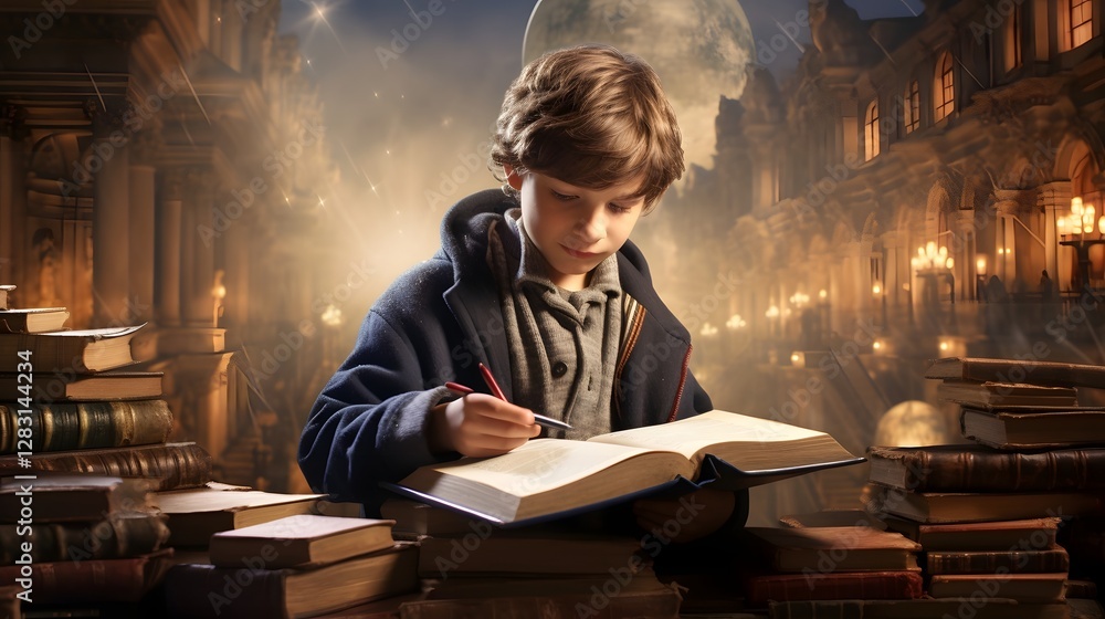 Poster young child using a tablet device to access educational content with a parent or guardian supervisin
