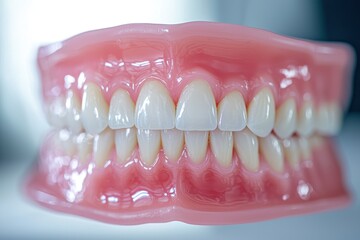 Obraz premium A close-up of a complete set of dentures showcasing their realistic design and the healthy-looking teeth set in pink gums, providing an alternative for missing teeth.