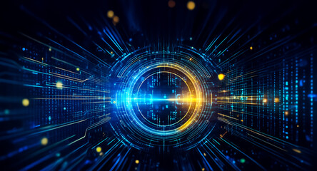 Futuristic digital abstract art featuring a glowing central circle. Blue and yellow light rays and lines radiate outward, creating a technological, dynamic concept.