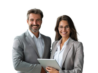 smiling business man and business woman standing
