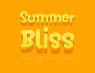 Vector Sunny flyer Summer Bliss. Joyful Yellow 3D Font. Funny Alphabet Letters and Numbers set.