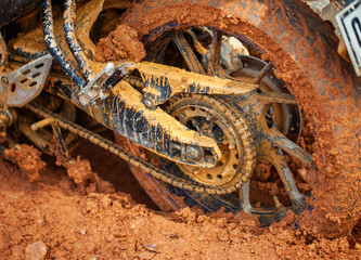 Obraz premium A tire stuck in the mud on a dirt road on a village road. Off-road trips are loved by adventurers