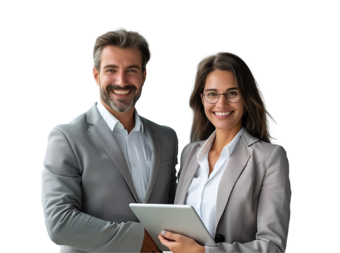smiling business man and business woman standing