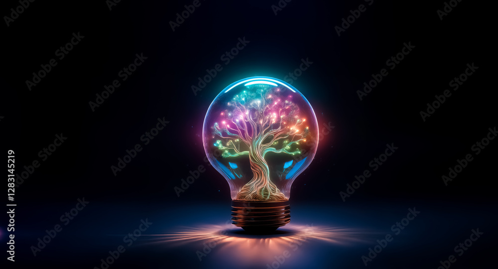 Poster a vibrant, luminous tree with colorful foliage is encapsulated within a clear lightbulb, set against