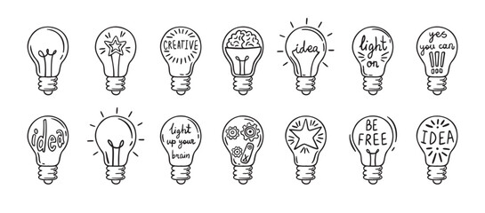 Fototapeta premium Doodle light bulb idea icon hand drawn set. light bulbs idea concept drawing
