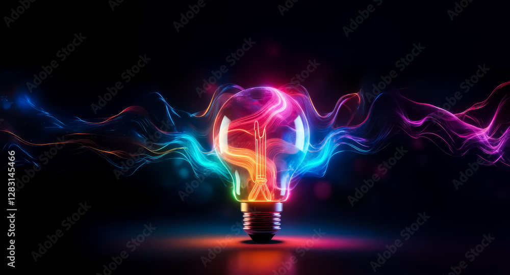 Poster a vibrant light bulb emits colorful energy waves against a dark background, creating a dynamic and i