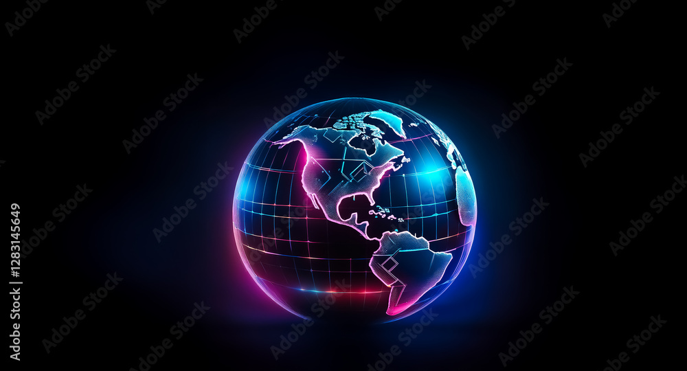 Poster a luminous globe with a grid pattern floats against a dark backdrop. continents are outlined in vibr