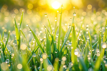 Fototapeta premium Fresh morning dew glistens on spring grass, closeup view of a peaceful natural background.