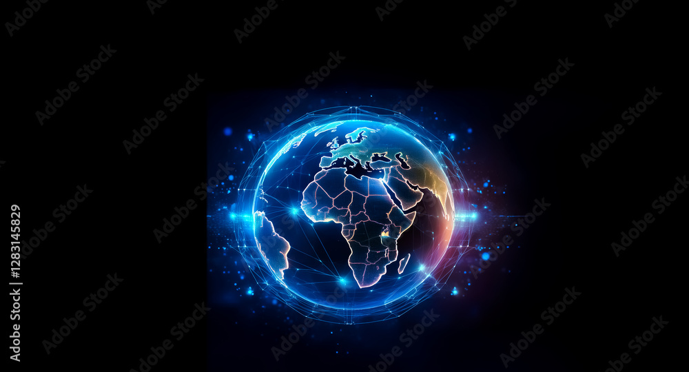 Aufkleber a glowing digital globe is displayed with blue outlines and connecting lines, creating a tech feel a