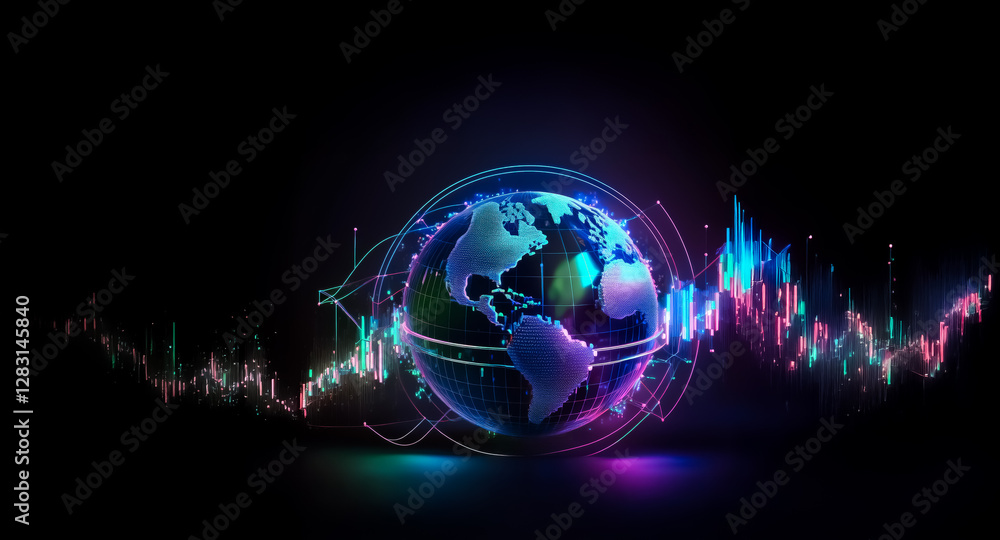 Poster digital globe surrounded by glowing lines and abstract graphs against a dark backdrop. the image evo