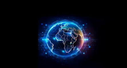 Obraz premium A glowing digital globe is displayed with blue outlines and connecting lines, creating a tech feel against a stark black backdrop.