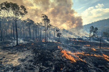 Fototapeta na wymiar A devastating wildfire engulfs a forest, leaving behind a trail of destruction, ash and smoke, illustrating the impact of climate change and natural disasters.