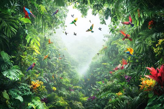 A mesmerizing view of a lush tropical rainforest canopy teeming with colorful exotic birds soaring through the misty air, surrounded by vibrant flora and foliage.