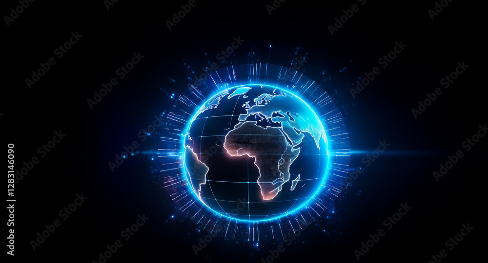 Poster a digital representation of planet earth is displayed against a dark backdrop. the globe is outlined