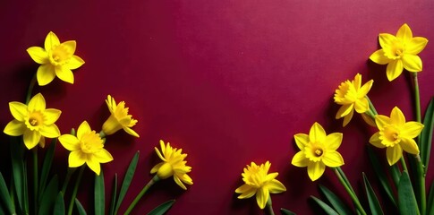 Obraz premium Bright yellow daffodils scattered on a dark purple red background, nature scene, garden
