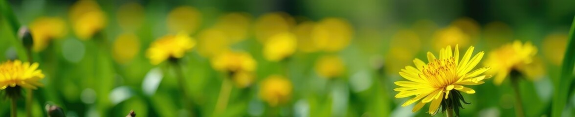 Obraz premium Bright yellow dandelion blooms on ground amidst greenery, windor, spring, nature