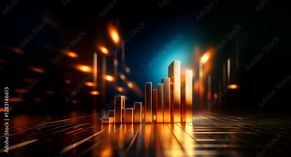 Poster abstract golden bars stand tall against a dark backdrop, illuminated by bright, blurred lights creat