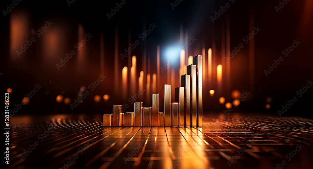 Poster shiny golden bars graph rises against dark bokeh background with circuit floor.