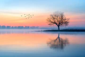 Fototapeta premium Tranquil Dawn Symphony: Nature's Gentle Awakening in Pastel Serenity