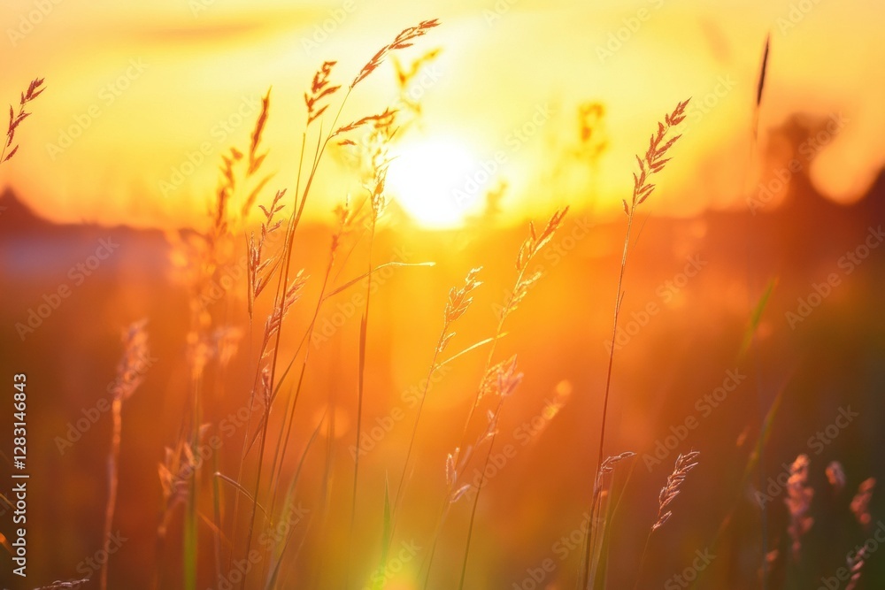 Poster beautiful sunset over a grassy field illuminating the landscape with warm hues and shadows. generati