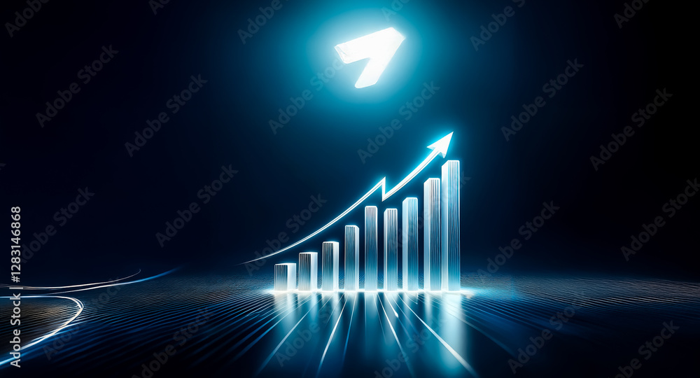 Poster illuminated blue bar graph with upward arrow signifies growth and progress on a dark path towards su