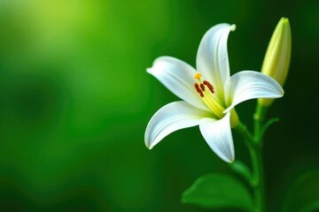 Obraz premium Delicate white lily blooms on a lush green stem, flowers, green, plants