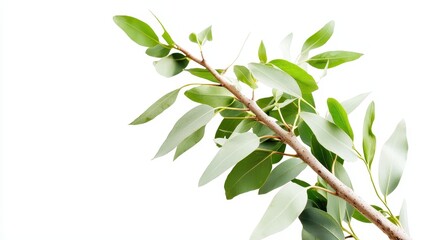 Obraz premium Bright Green Eucalyptus Tree Branch with Smooth Bark Isolated on White Background