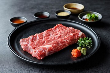 Fototapeta premium A raw wagyu rib finger meat on a black plate surrounded by dipping sauces, wasabi and greens, prepared for a Korean barbecue experience with premium quality and presentation.