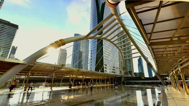 Public skywalk in bangkok downtown square in business zone