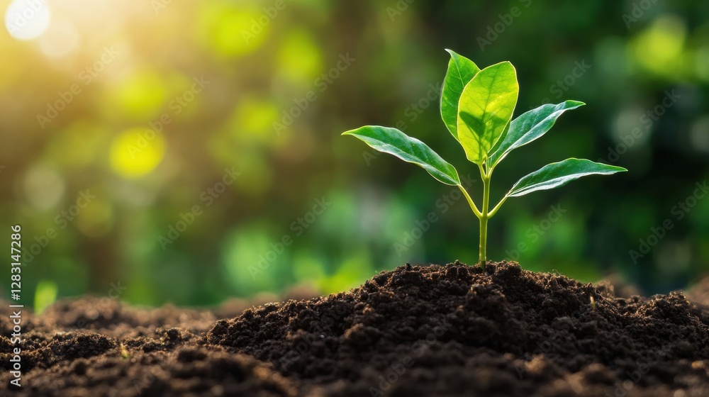 Poster new seedling emerges from rich soil in a sunlit garden, symbolizing growth and renewal in natures cy
