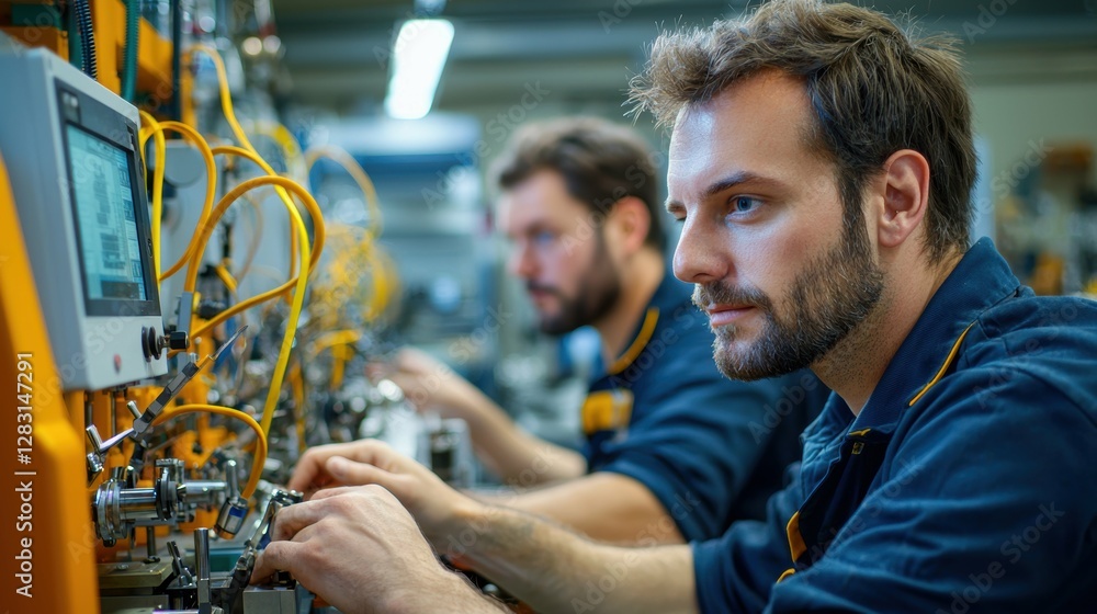 Aufkleber men calibrating machinery in workshop industrial setting technical process close-up view engineering