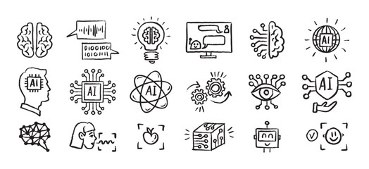Artificial Intelligence Icons grunge chalk hand drawn doodle Brush set. Outline AI drawing crayon 