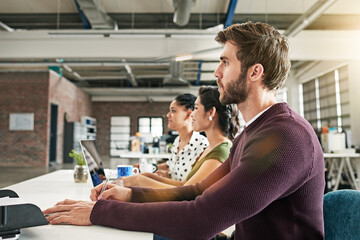 Seminar, notes and business people in office for training workshop at creative startup. Listening, audience and team of writers in meeting for feedback, tips or review for magazine article at agency.