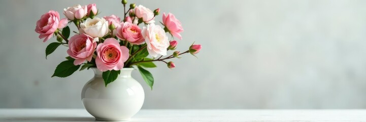 Delicate white vase filled with fresh flowers, spring, garden, branches