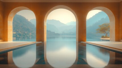 Fototapeta premium Serene Infinity Pool with Mountain Lake View