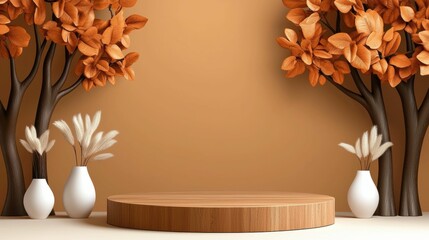 Contemporary wooden podium and autumn decor indoor setting modern design warm color palette elegant view