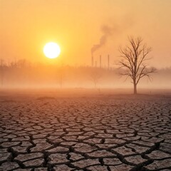 Industrial chimneys polluting the air and causing global warming and drought