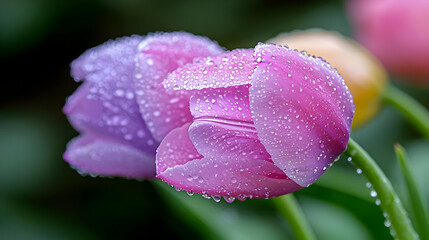 Dew-kissed tulips in garden, spring bloom, nature background