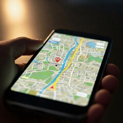 Hand holding smartphone showing gps navigation app with pinned location on city map