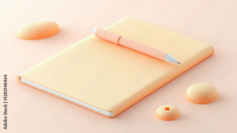 Poster bright yellow notepad and pen isolated on soft background with smooth colorful stones enhancing crea
