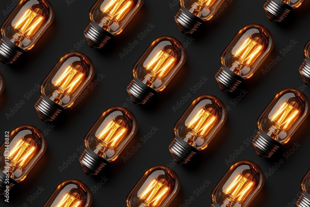 Poster a modern retro style of light bulbs arranged in a pattern against a dark background, creating a warm