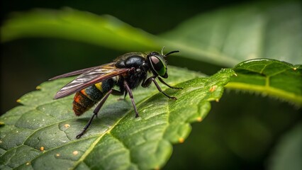 Vibrant Insect on Leaf: A close-up shot captures a striking insect perched on a vibrant green leaf, showcasing intricate details and colors in a natural setting.