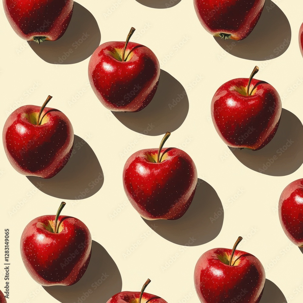 Poster a dynamic repeating pattern of glossy red apples with stems casting graphic shadows on a soft backgr