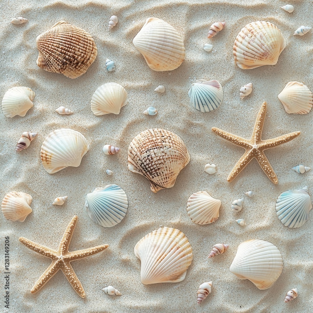 Poster arrangement of seashells and starfish on a sandy beach with subtle wave patterns, creating a calming