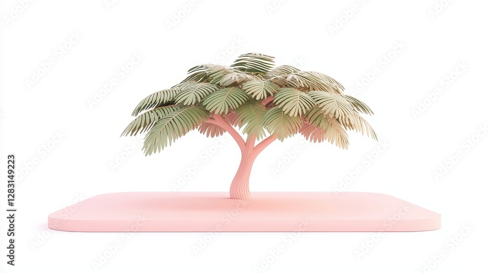Poster Dark Green Leafed Elm Tree Isolated on Soft Pink Base Displaying Unique Leaf Structure and Elegant Shape