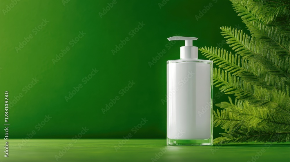 Poster clear bottle of liquid resting on a lush green background creating a fresh and invigorating visual e
