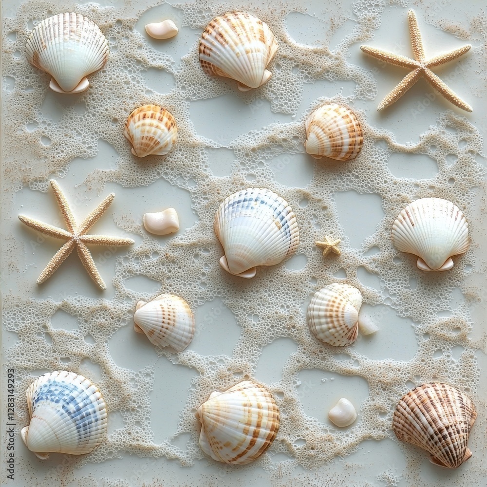 Poster a beautiful arrangement of seashells and starfish on a foam surface, creating a calming beach scene 