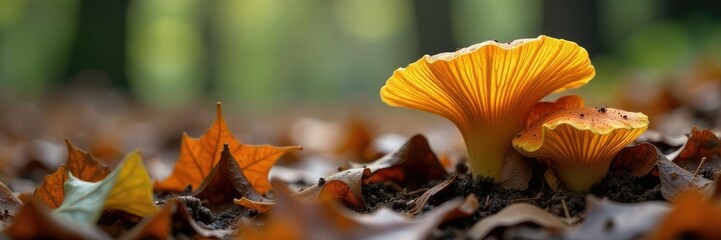 Fungal growth in autumn forest with dry leaves, wild growth, autumn forest, leaf litter