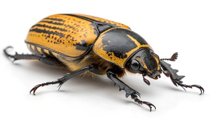 Naklejka premium Golden Beetle: Captivating macro shot of a golden beetle, highlighting the intricate details of its shell and legs, showcasing nature's artistry and vibrant hues.